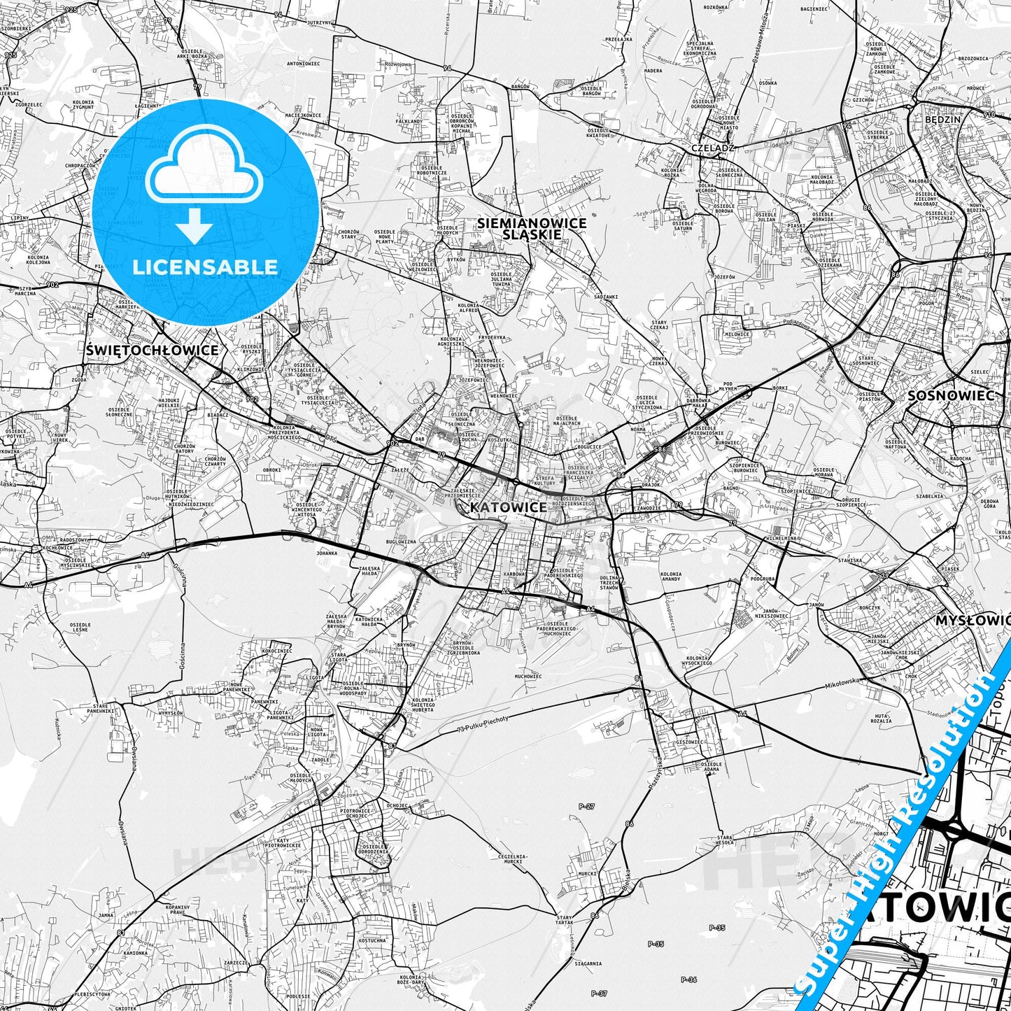 Katowice, Poland light map with streetnames, citynames and districts