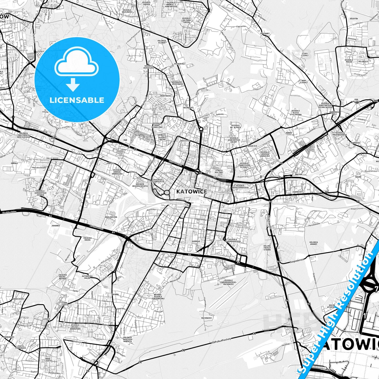 Katowice, Poland Light Map with Street Names, City Names, and Districts