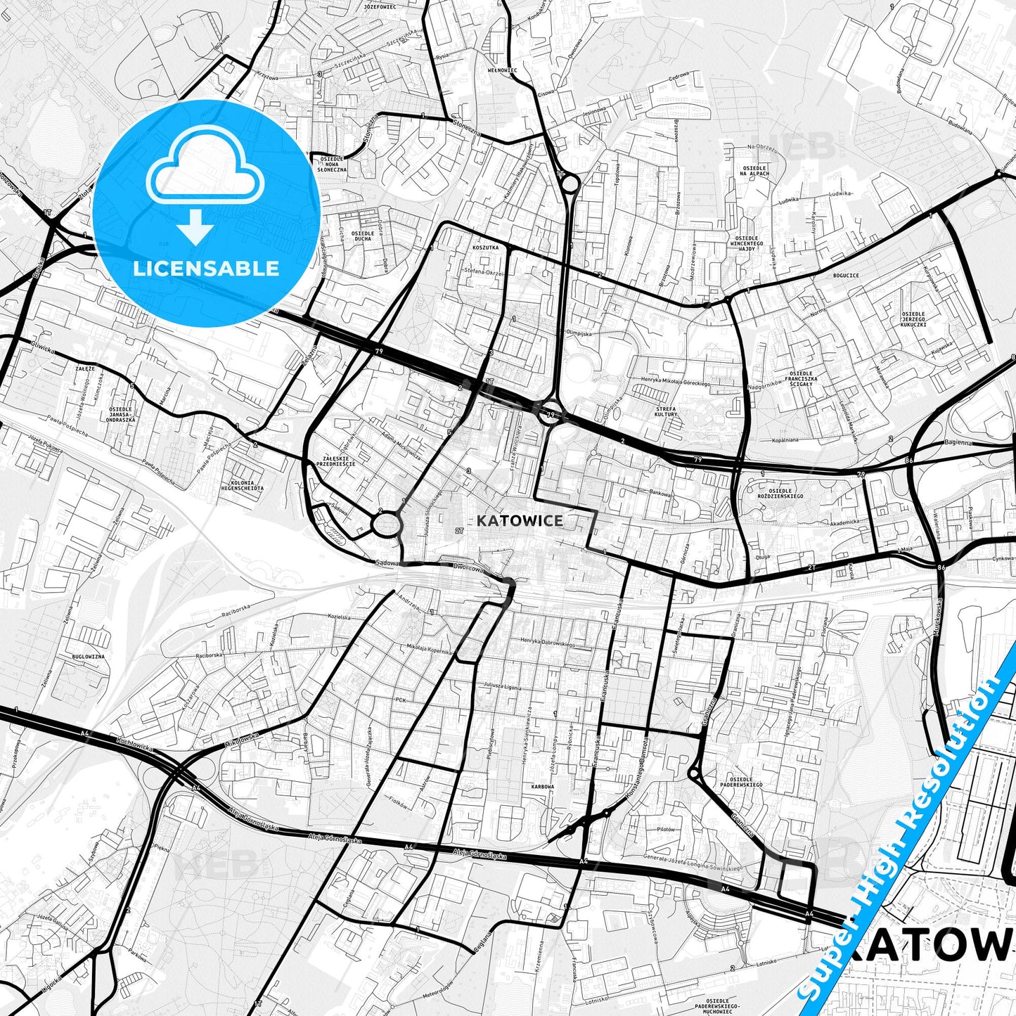 Katowice, Poland Light Map with Street Names, City Names, and Districts