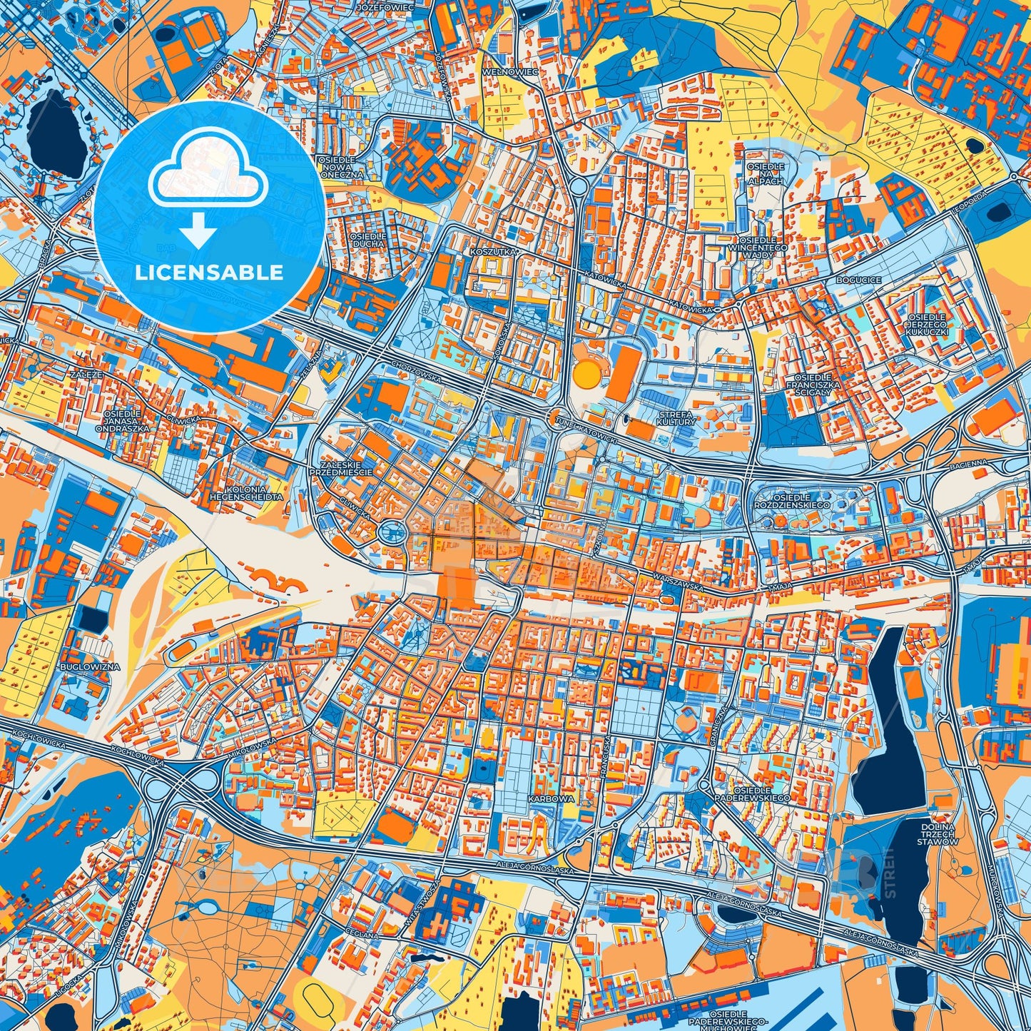 Colorful Katowice Street Map with Labels and Buildings