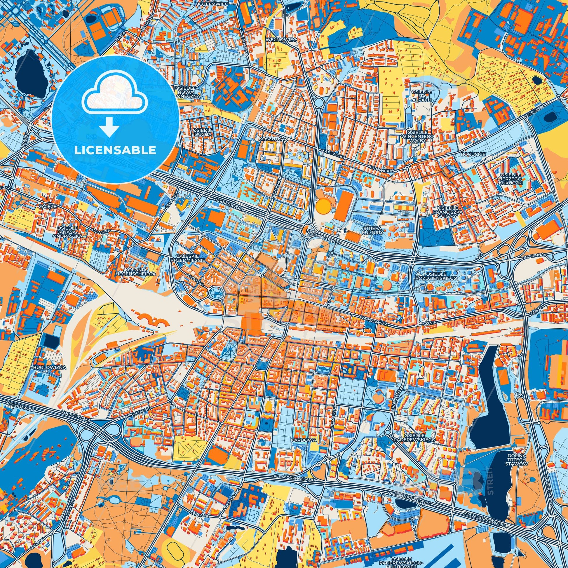Colorful Katowice Street Map with Labels and Buildings