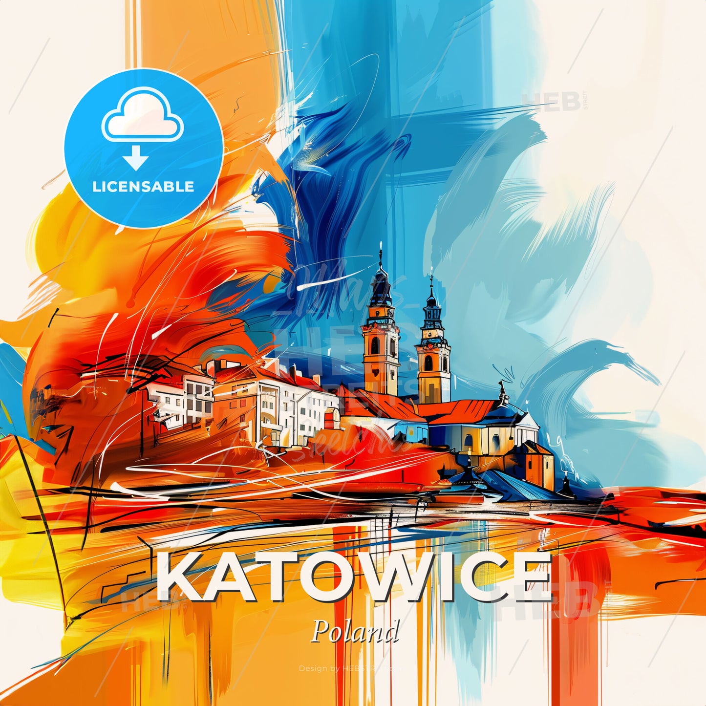 Vibrant Katowice, Poland - A Painting Of A Building With A Colorful Background - Square format print template