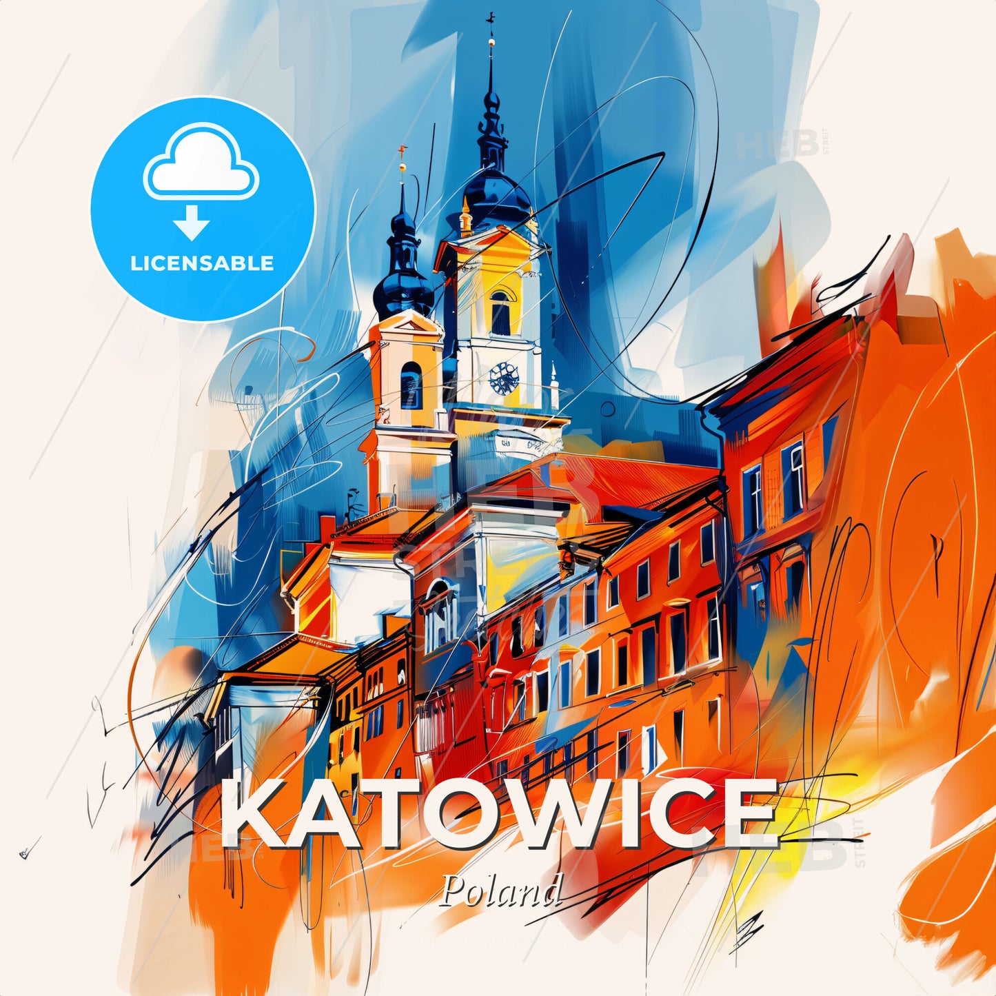Vibrant Katowice, Poland - A Painting Of A Building With A Tower - Square format print template