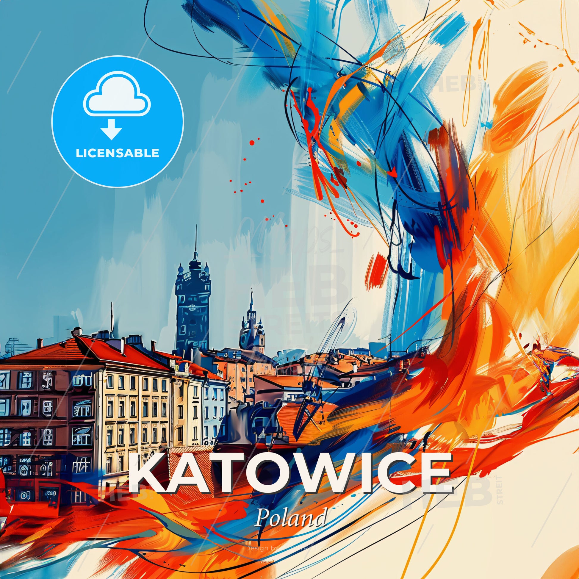 Vibrant Katowice, Poland - A Colorful Painting Of Buildings And A Tower - Square format print template
