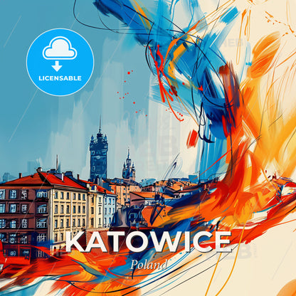 Vibrant Katowice, Poland - A Colorful Painting Of Buildings And A Tower - Square format print template