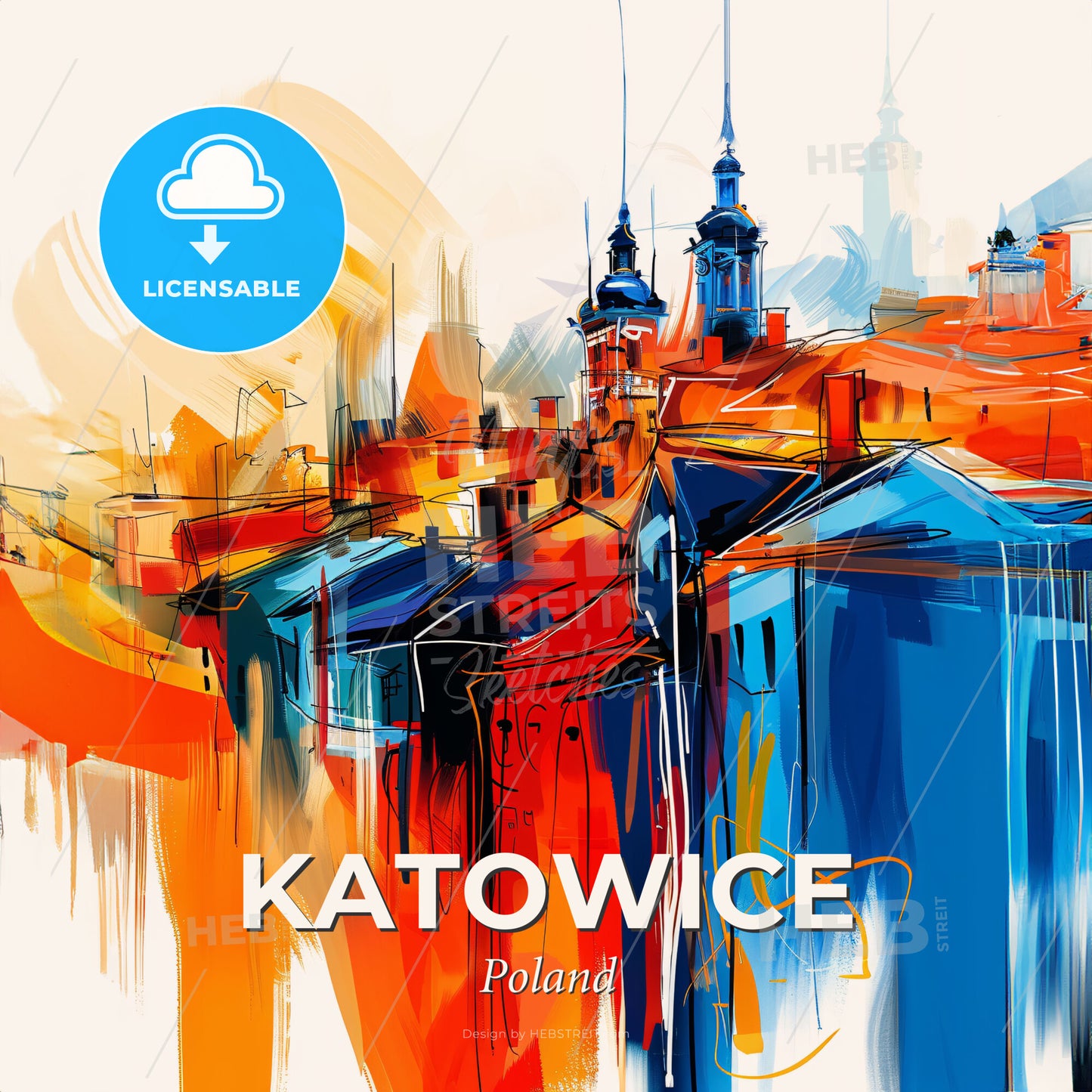 Vibrant Katowice, Poland - A Painting Of Buildings And Towers - Square format print template