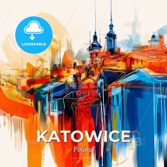 Vibrant Katowice, Poland - A Painting Of Buildings And Towers - Square format print template