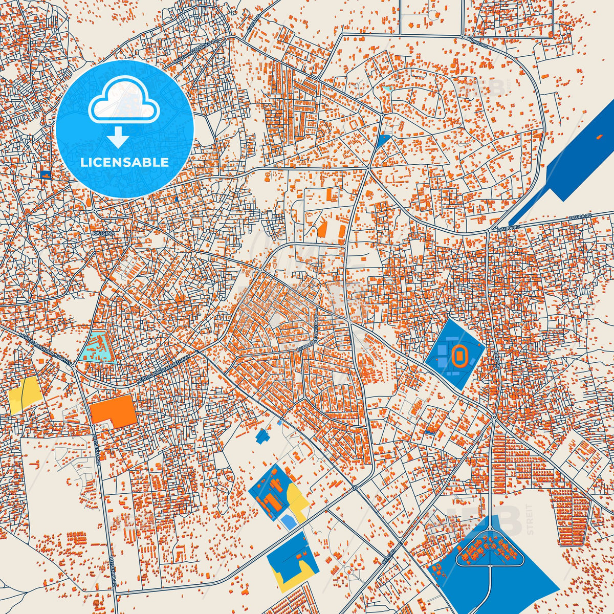 Colorful Katsina Street Map with Labels and Buildings