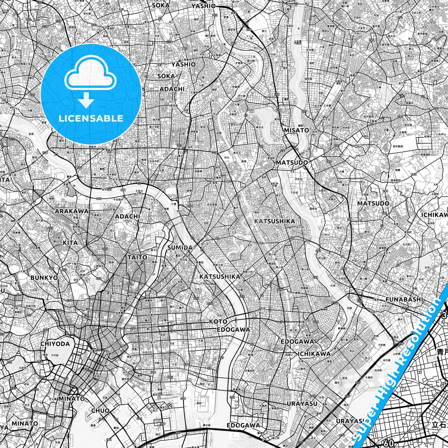 Katsushika, Japan light map with streetnames, citynames and districts