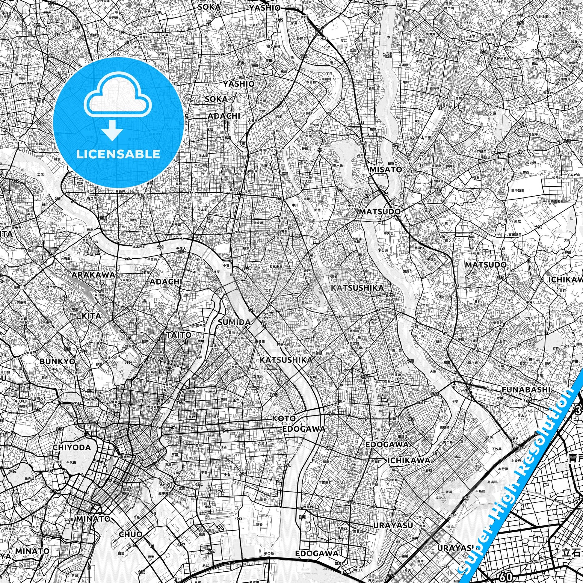 Katsushika, Japan light map with streetnames, citynames and districts