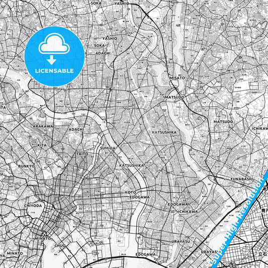 Katsushika, Japan light map with streetnames, citynames and districts