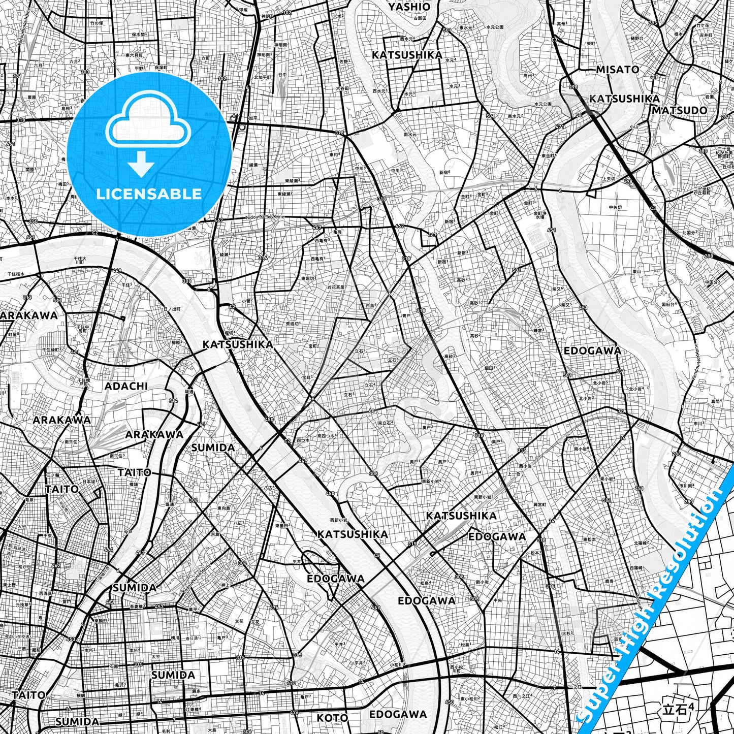 Katsushika, Japan Light Map with Street Names, City Names, and Districts