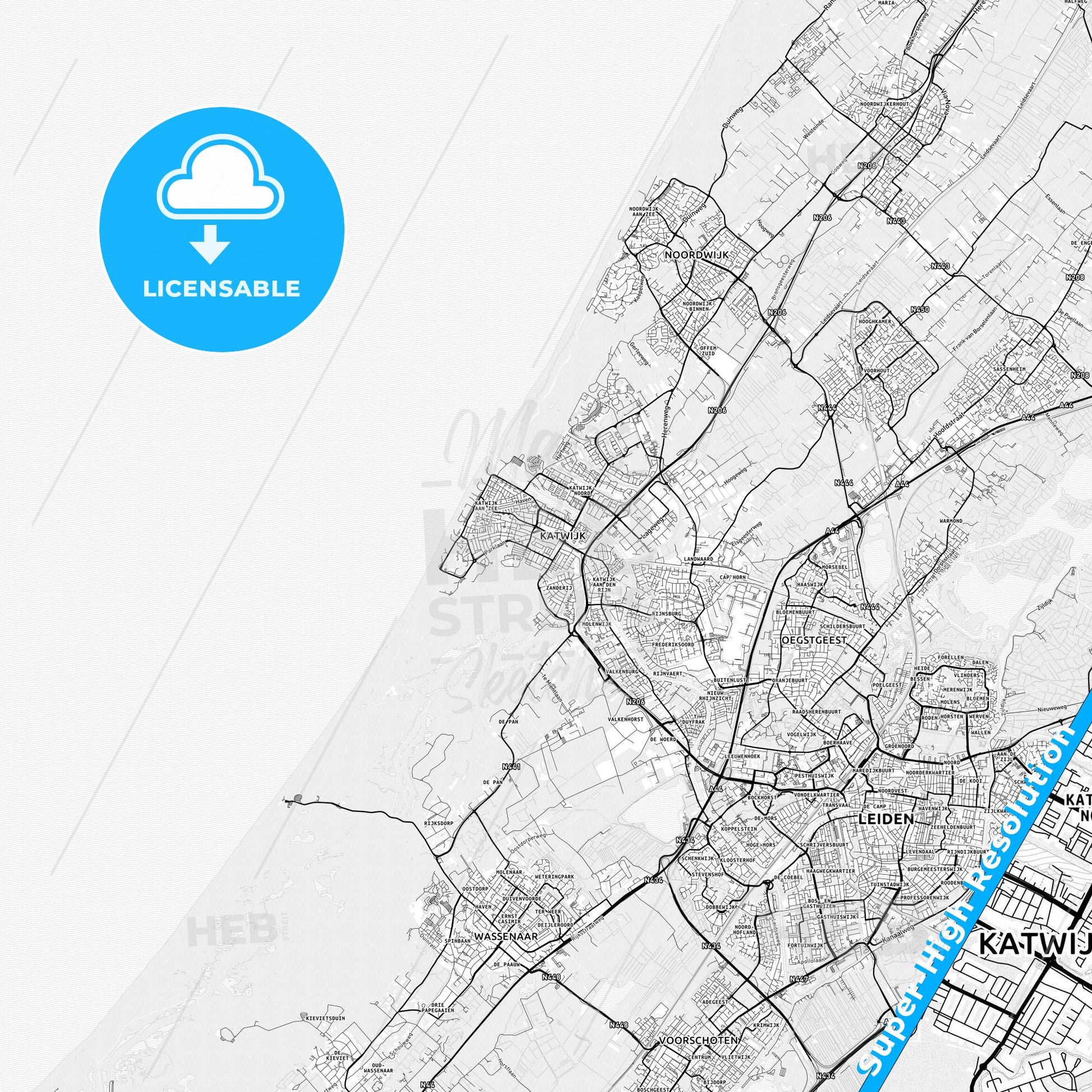 Katwijk, Netherlands light map with streetnames, citynames and districts