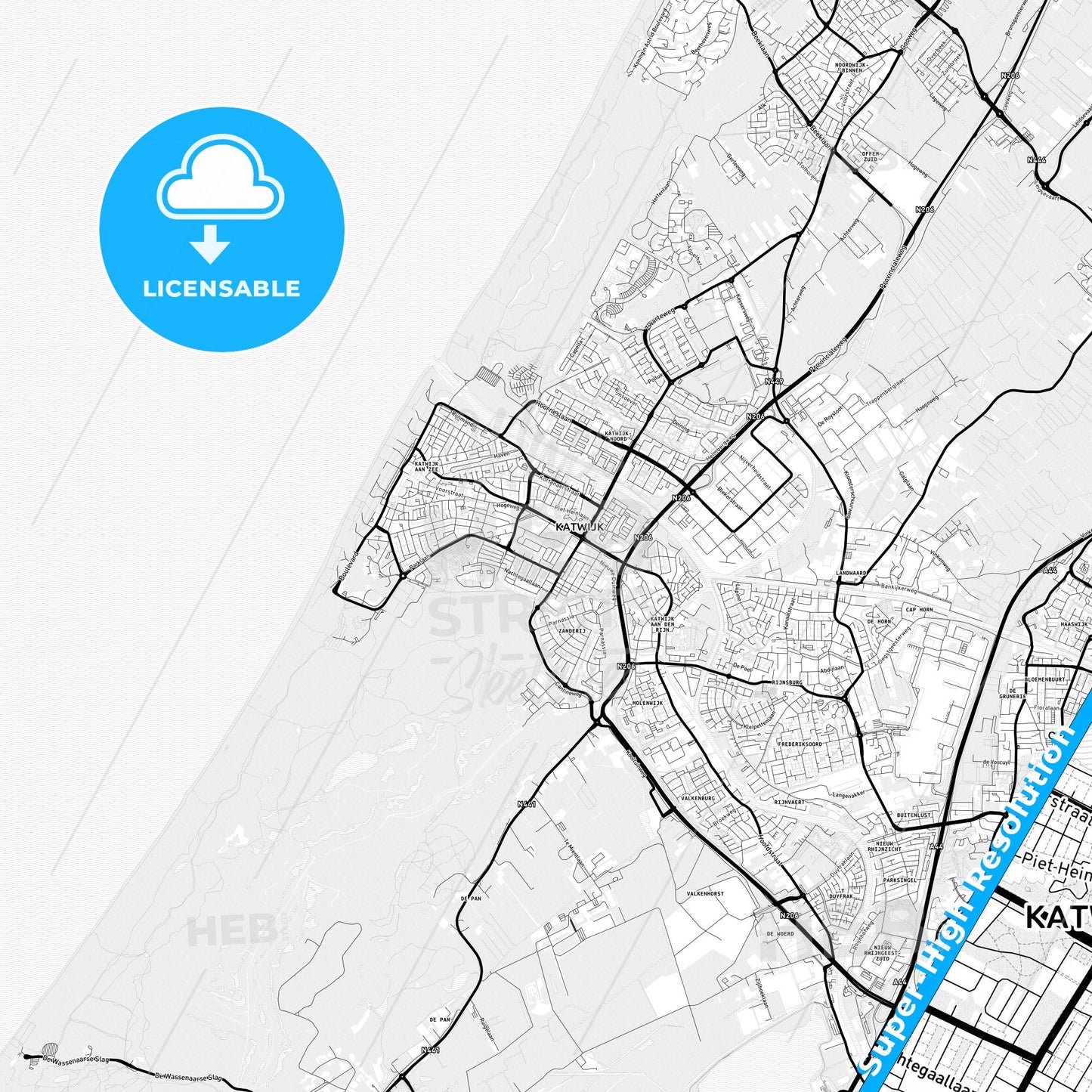 Katwijk, Netherlands Light Map with Street Names, City Names, and Districts