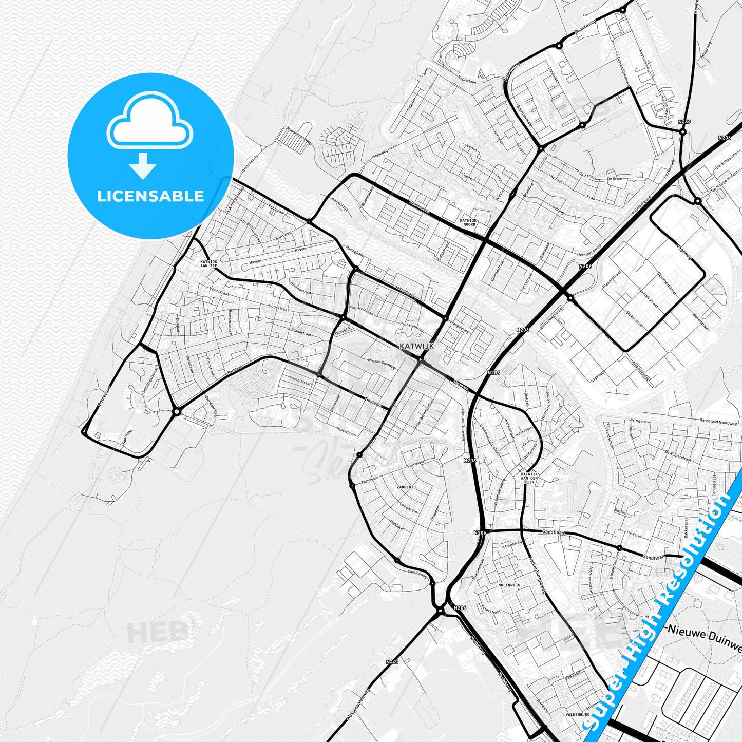 Katwijk, Netherlands Light Map with Street Names, City Names, and Districts
