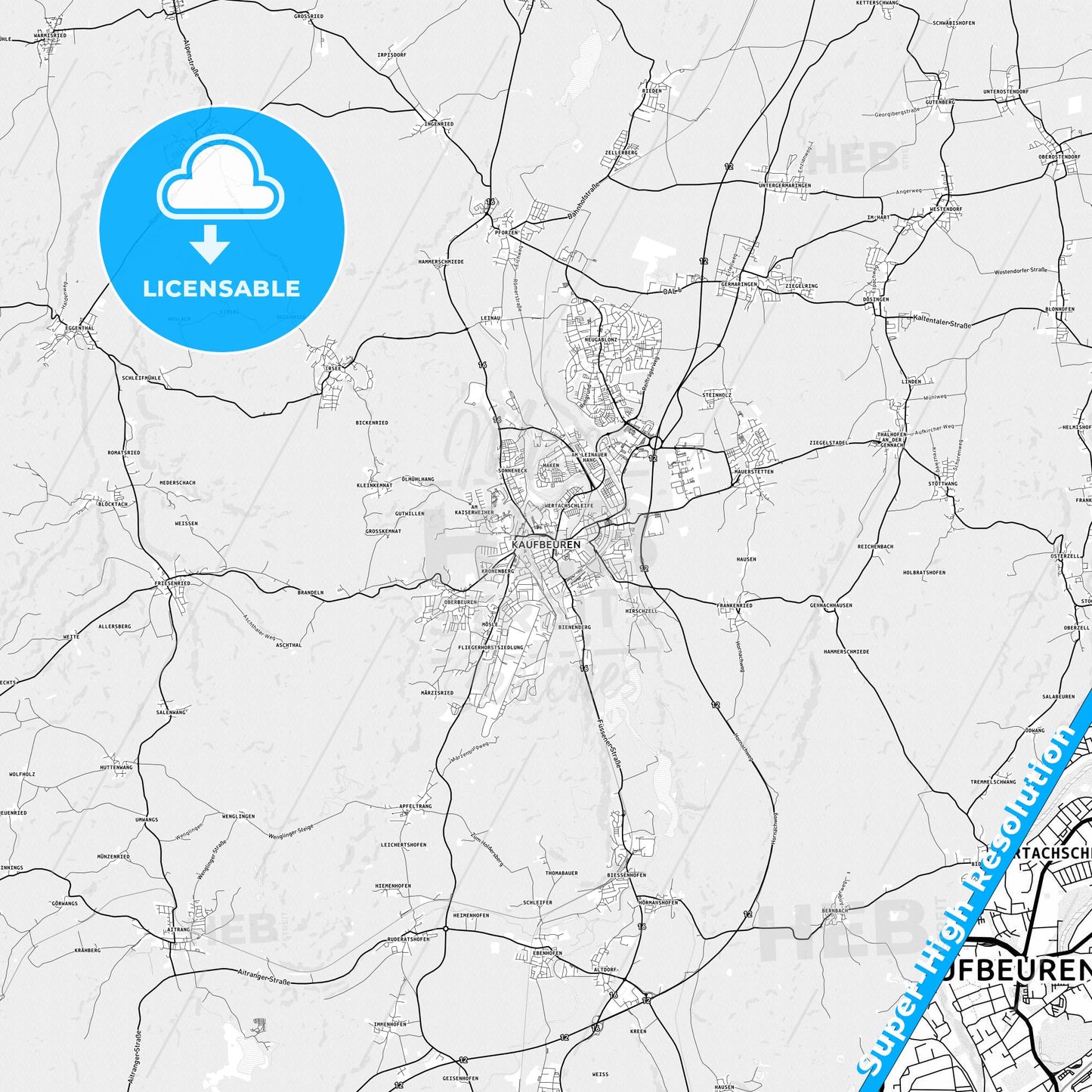 Kaufbeuren, Germany light map with streetnames, citynames and districts