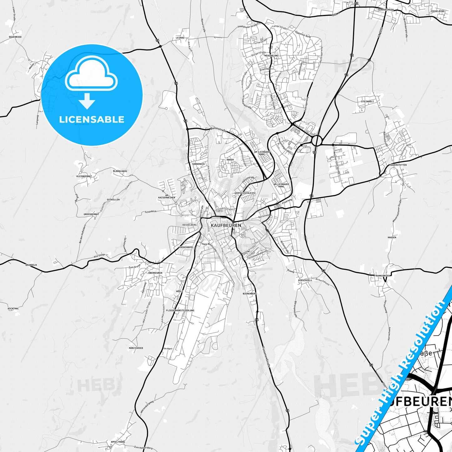 Kaufbeuren, Germany Light Map with Street Names, City Names, and Districts