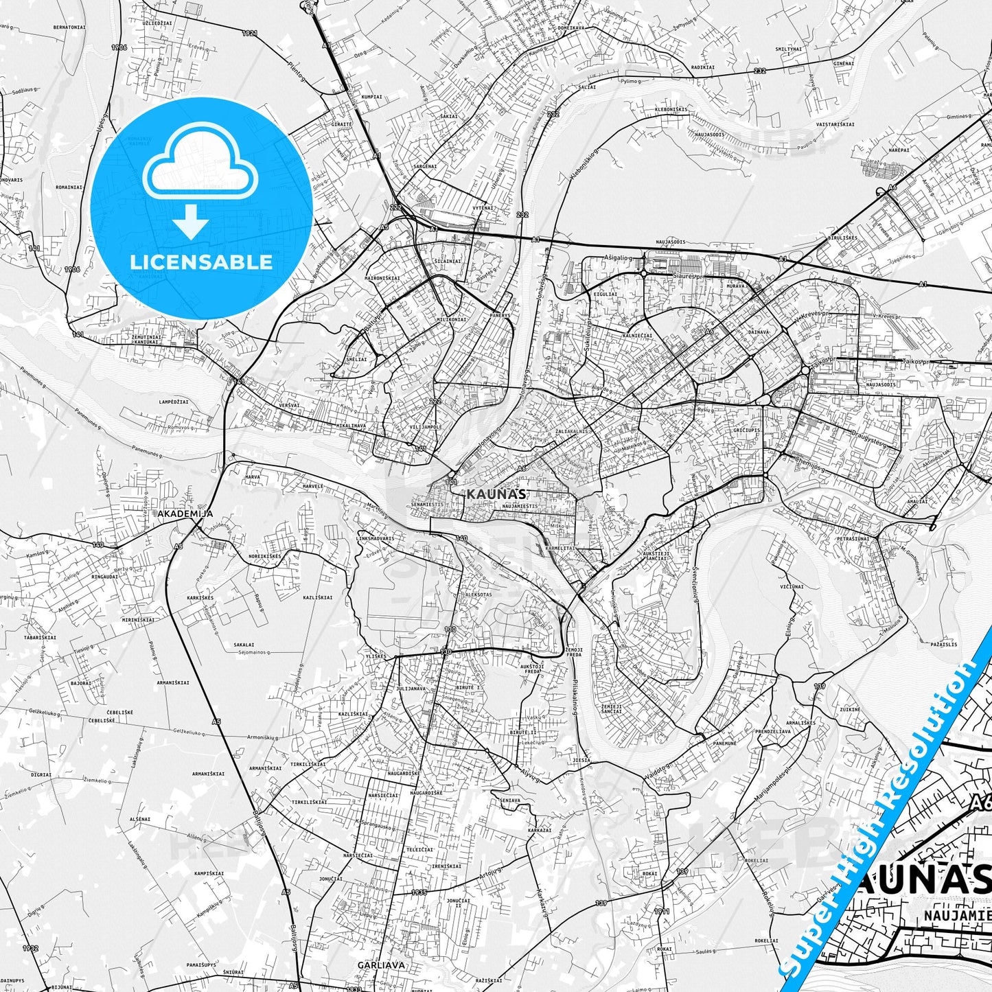 Kaunas, Lithuania light map with streetnames, citynames and districts