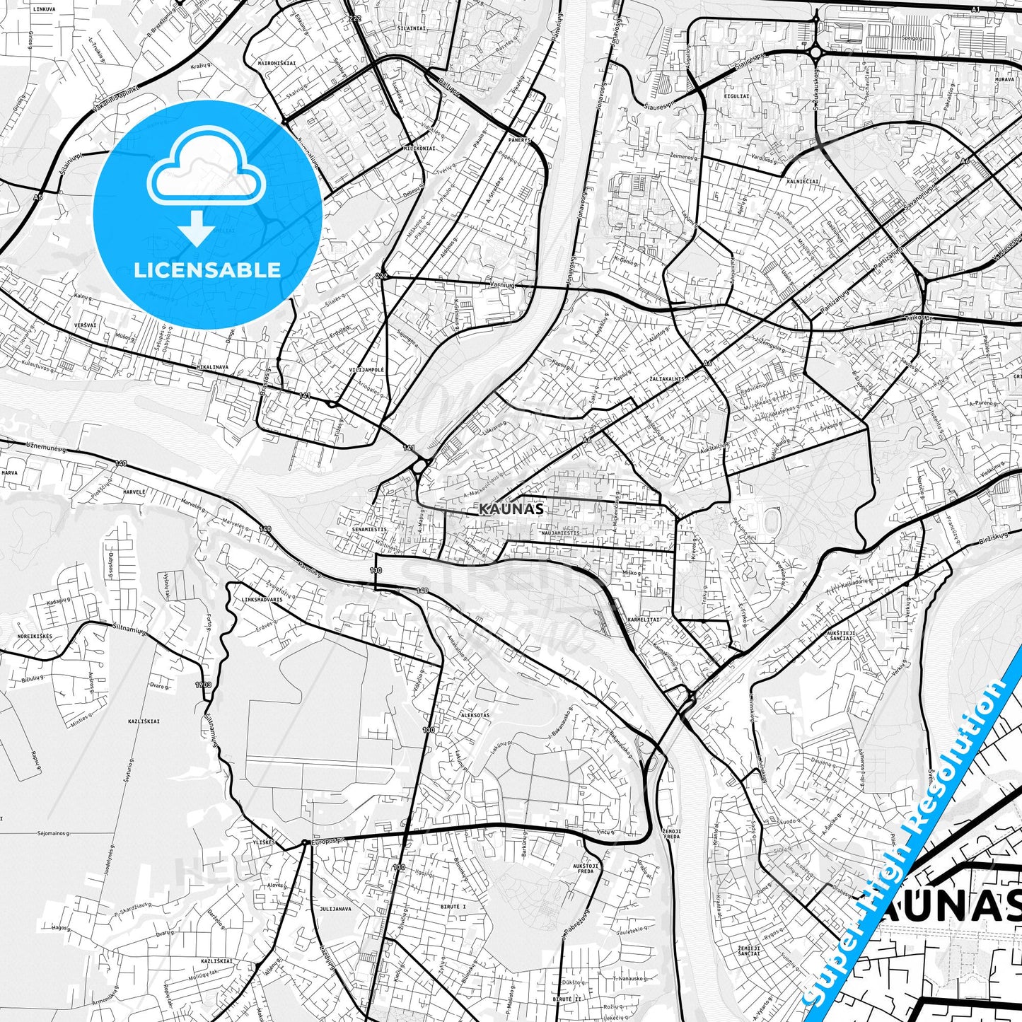Kaunas, Lithuania Light Map with Street Names, City Names, and Districts