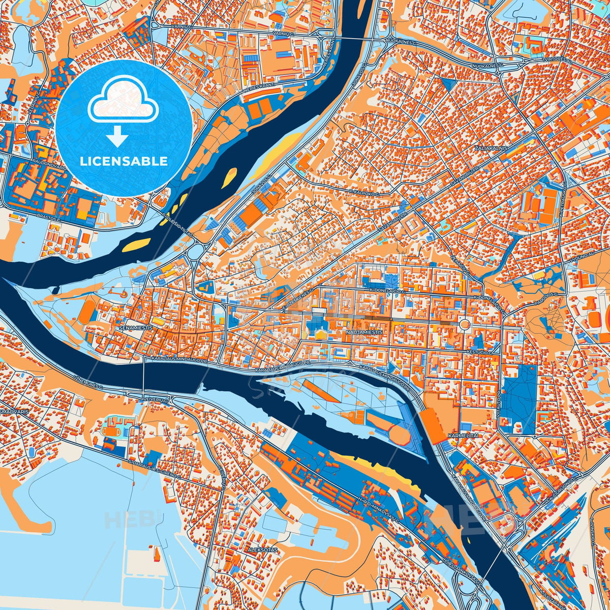 Colorful Kaunas Street Map with Labels and Buildings
