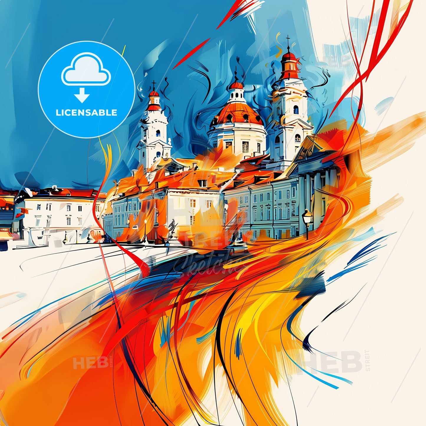 Vibrant Kaunas, Lithuania - A Painting Of A Building With A Colorful Swirl