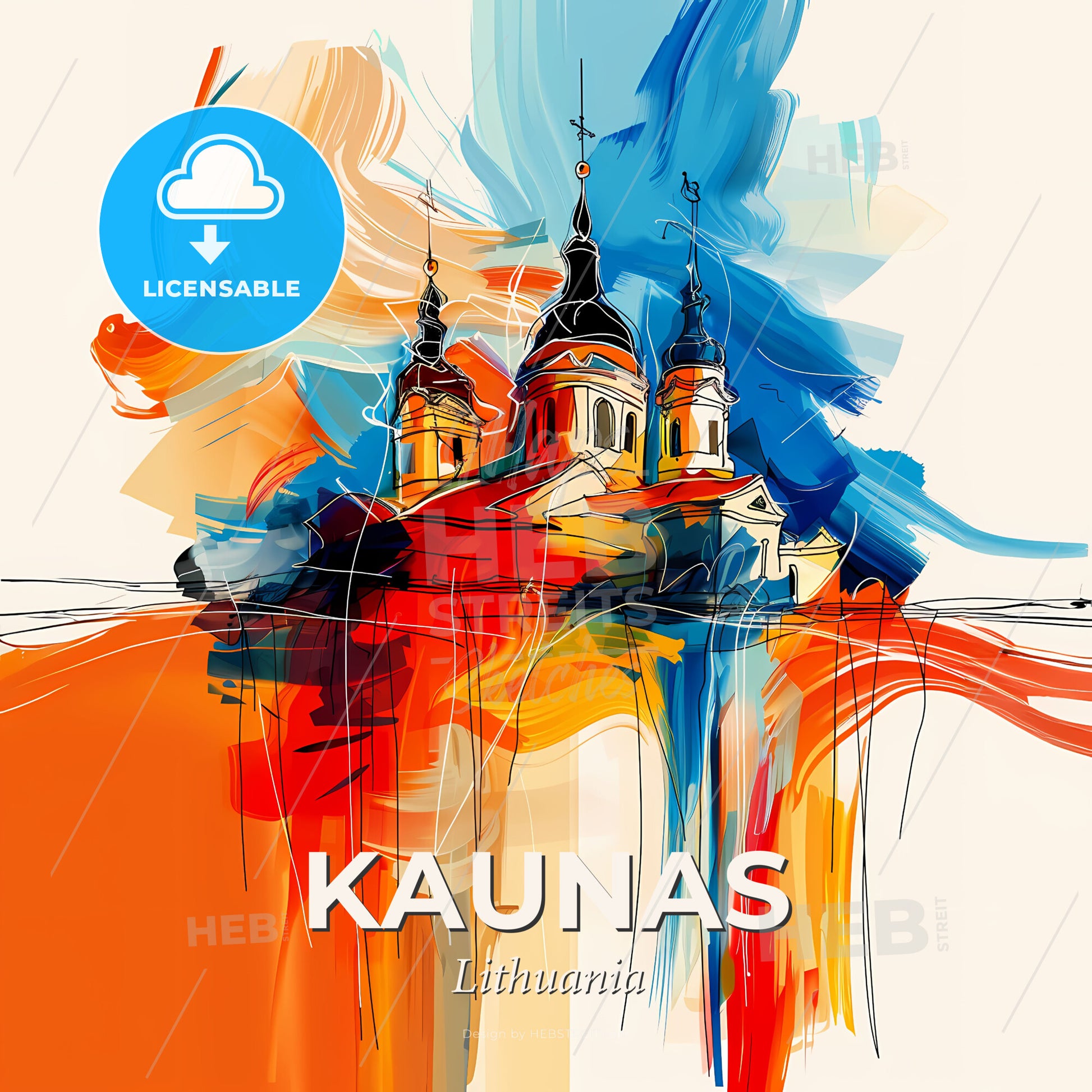 Vibrant Kaunas, Lithuania - A Painting Of A Building With A Colorful Background - Square format print template