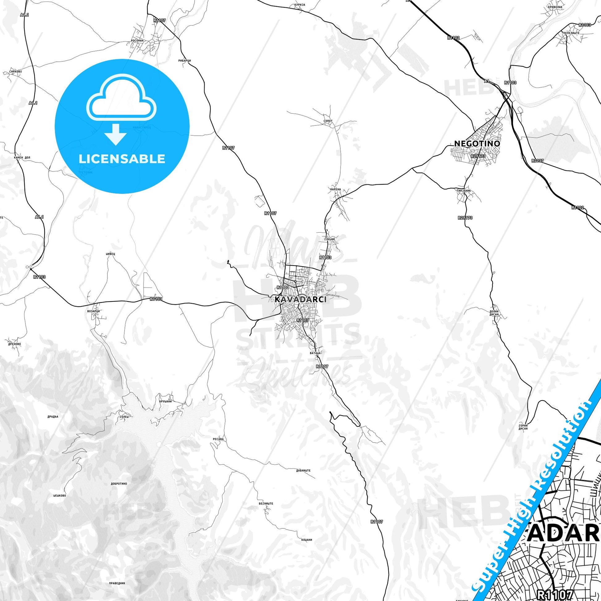 Kavadarci, North Macedonia light map with streetnames, citynames and districts