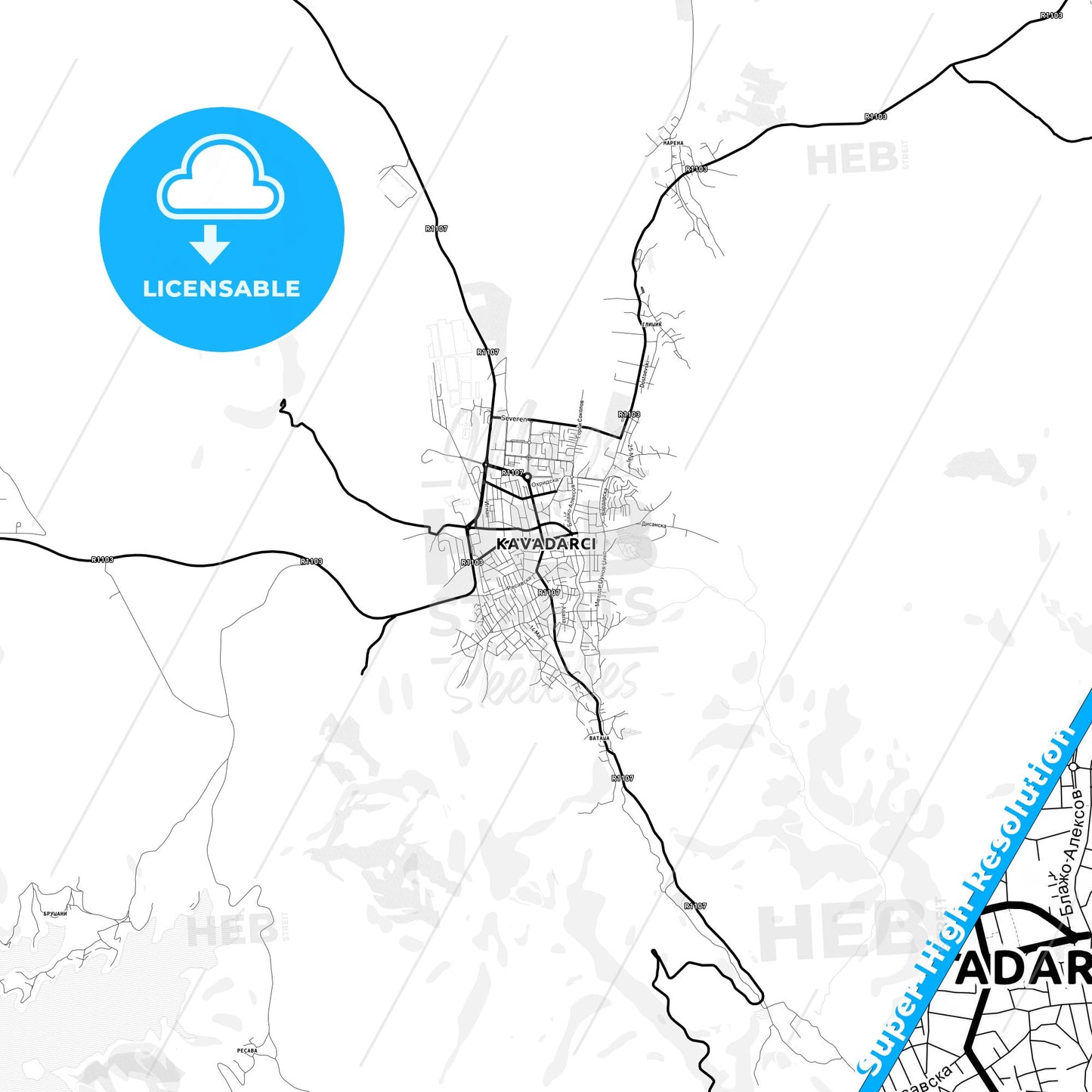 Kavadarci, North Macedonia Light Map with Street Names, City Names, and Districts