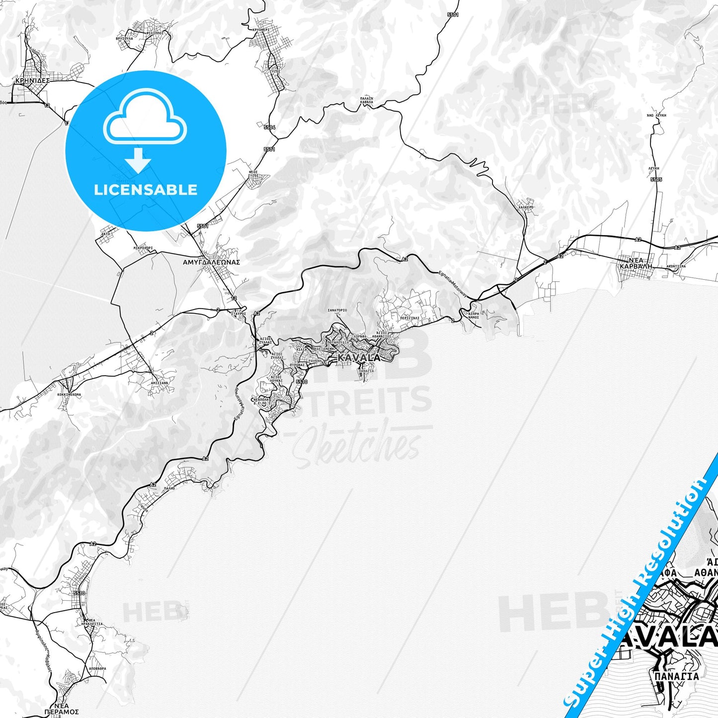 Kavala, Greece light map with streetnames, citynames and districts