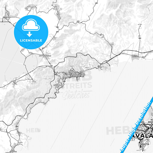 Kavala, Greece light map with streetnames, citynames and districts