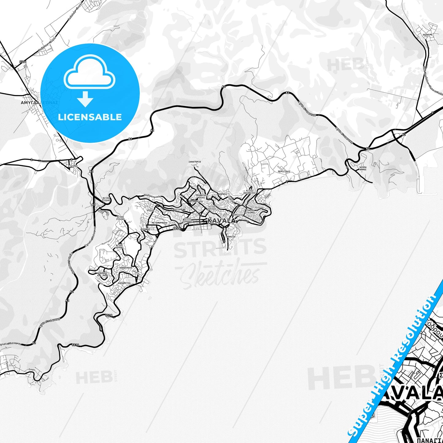 Kavala, Greece Light Map with Street Names, City Names, and Districts