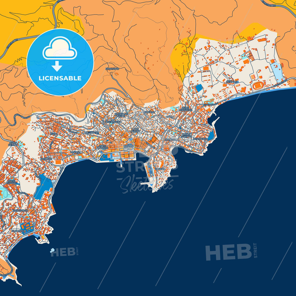 Colorful Kavala Street Map with Labels and Buildings