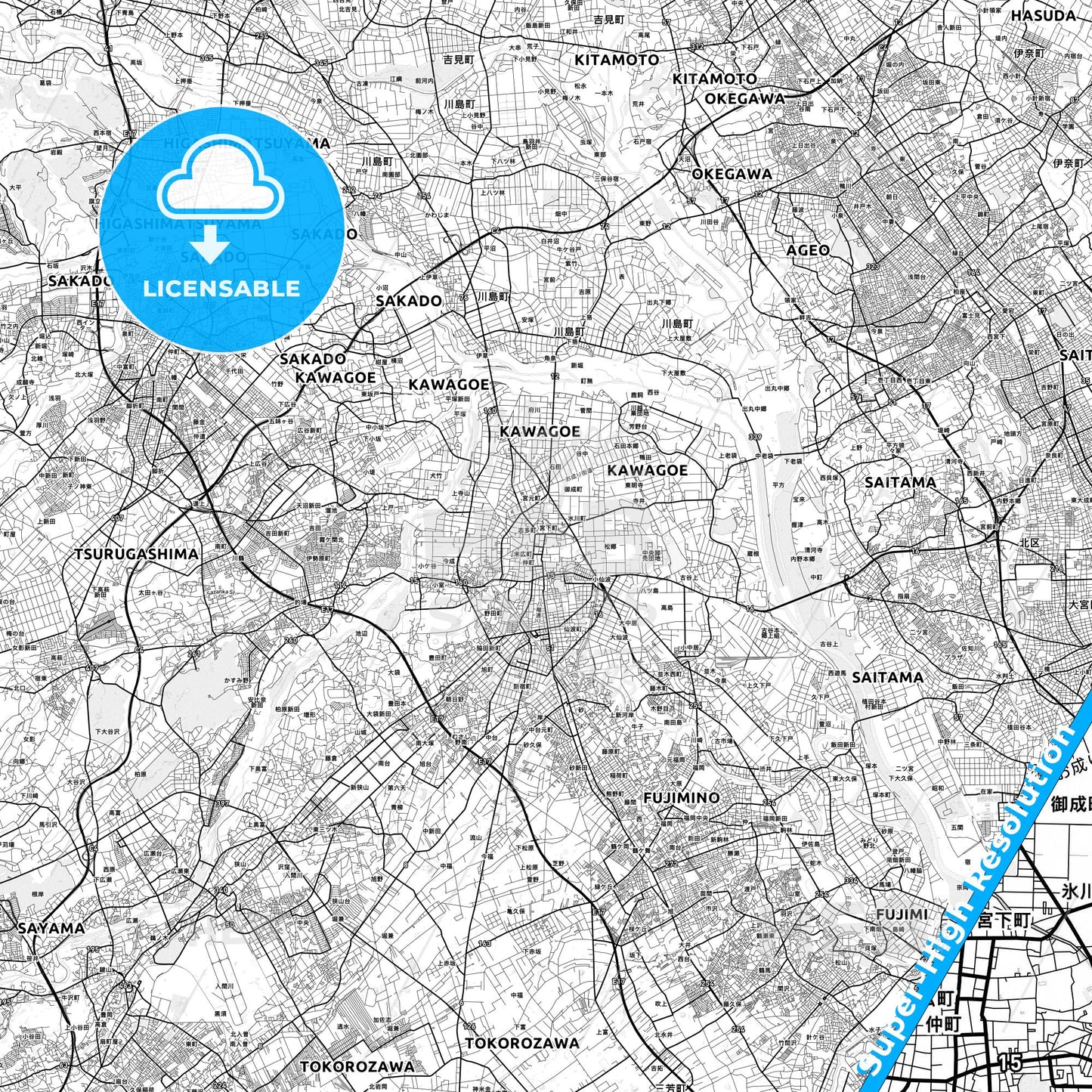 Kawagoe, Japan light map with streetnames, citynames and districts