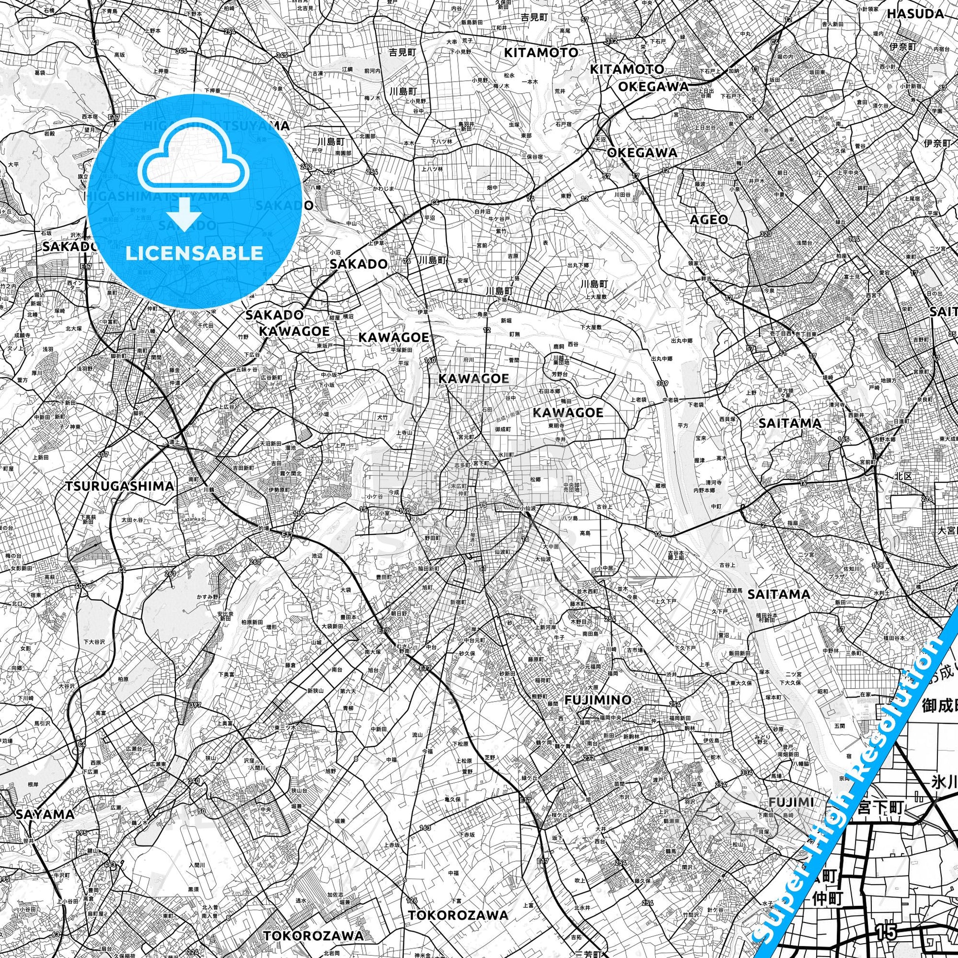 Kawagoe, Japan light map with streetnames, citynames and districts