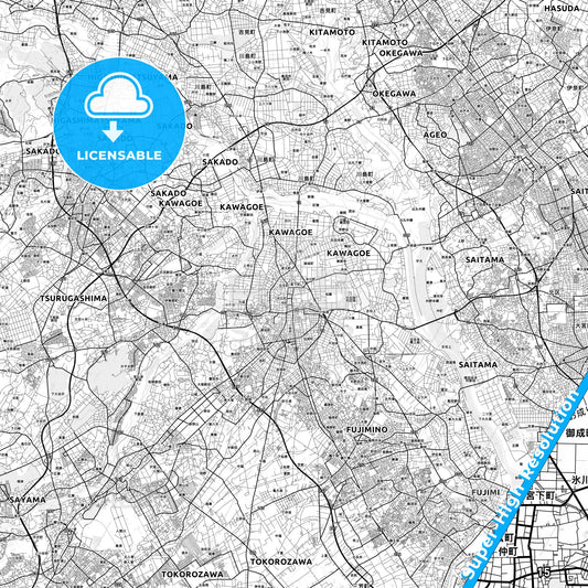 Kawagoe, Japan light map with streetnames, citynames and districts