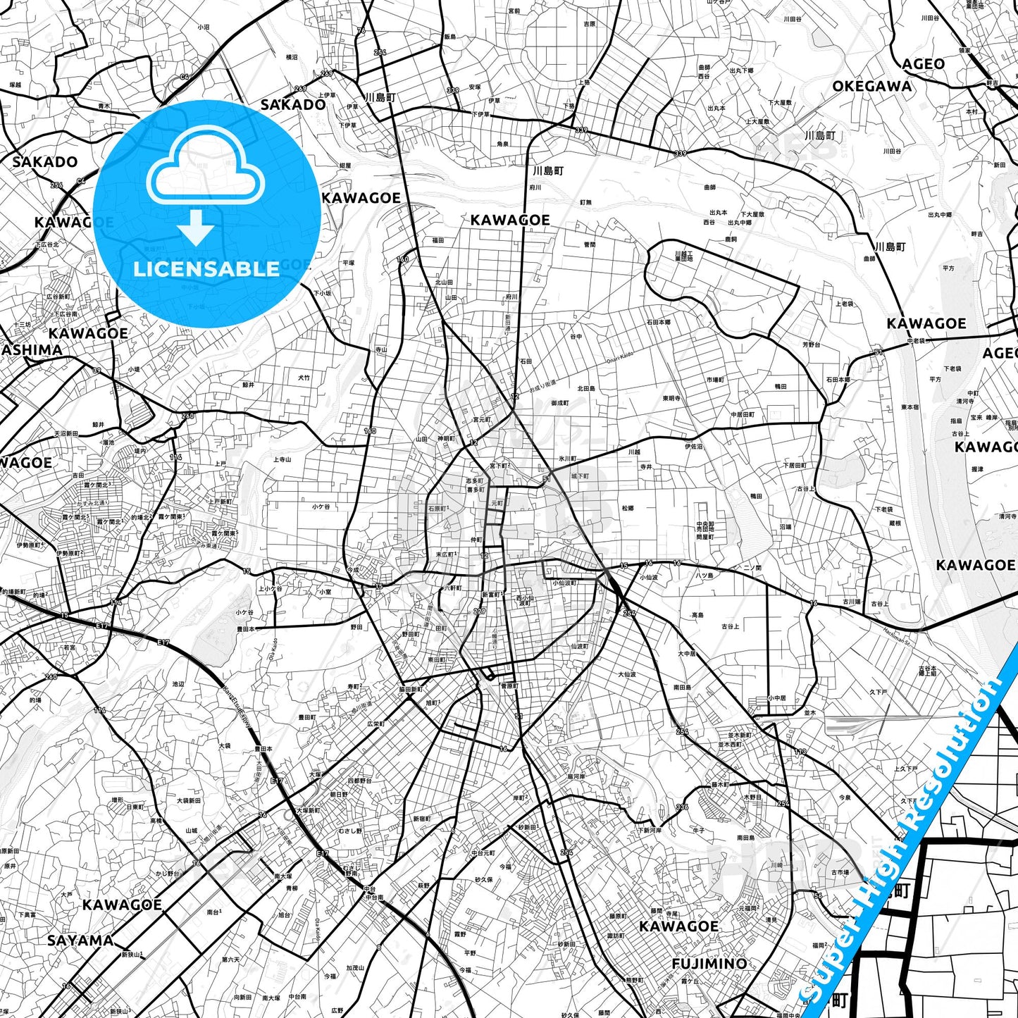 Kawagoe, Japan Light Map with Street Names, City Names, and Districts