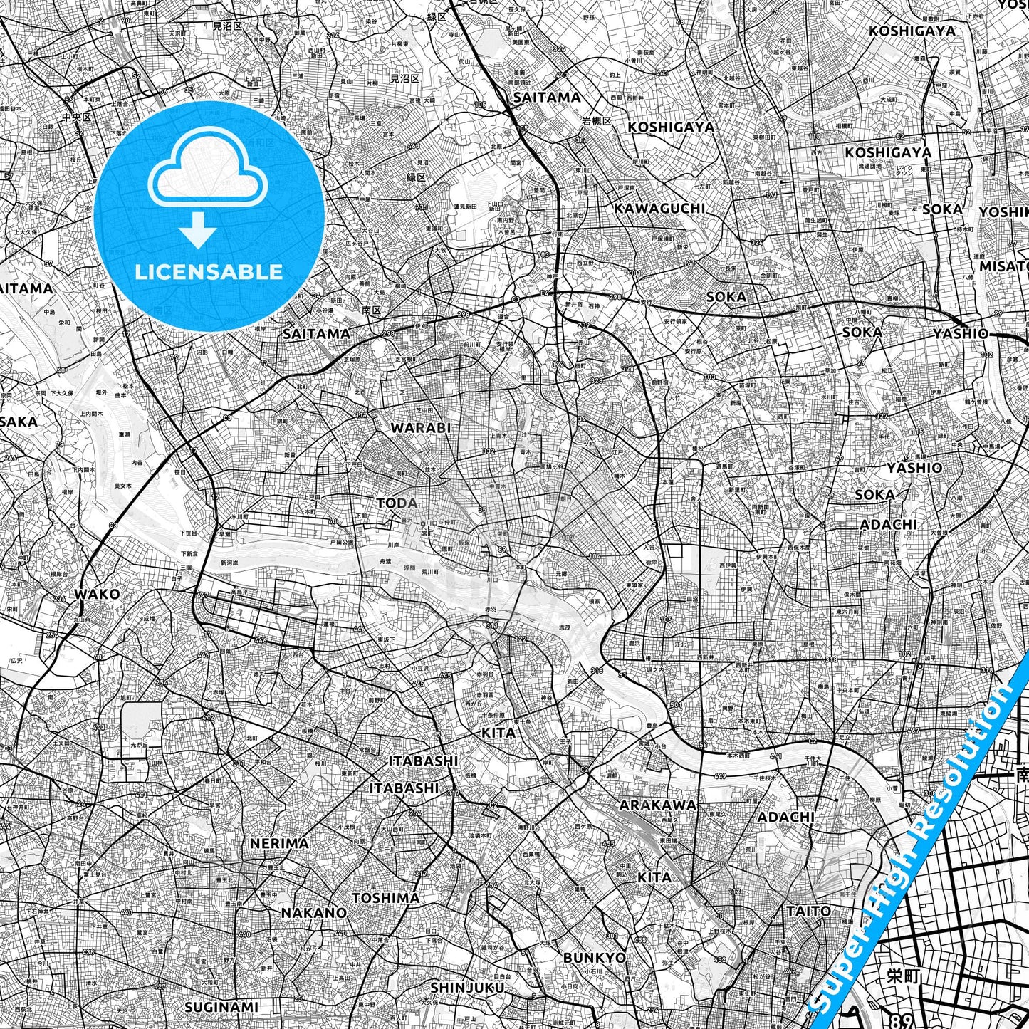 Kawaguchi, Japan light map with streetnames, citynames and districts
