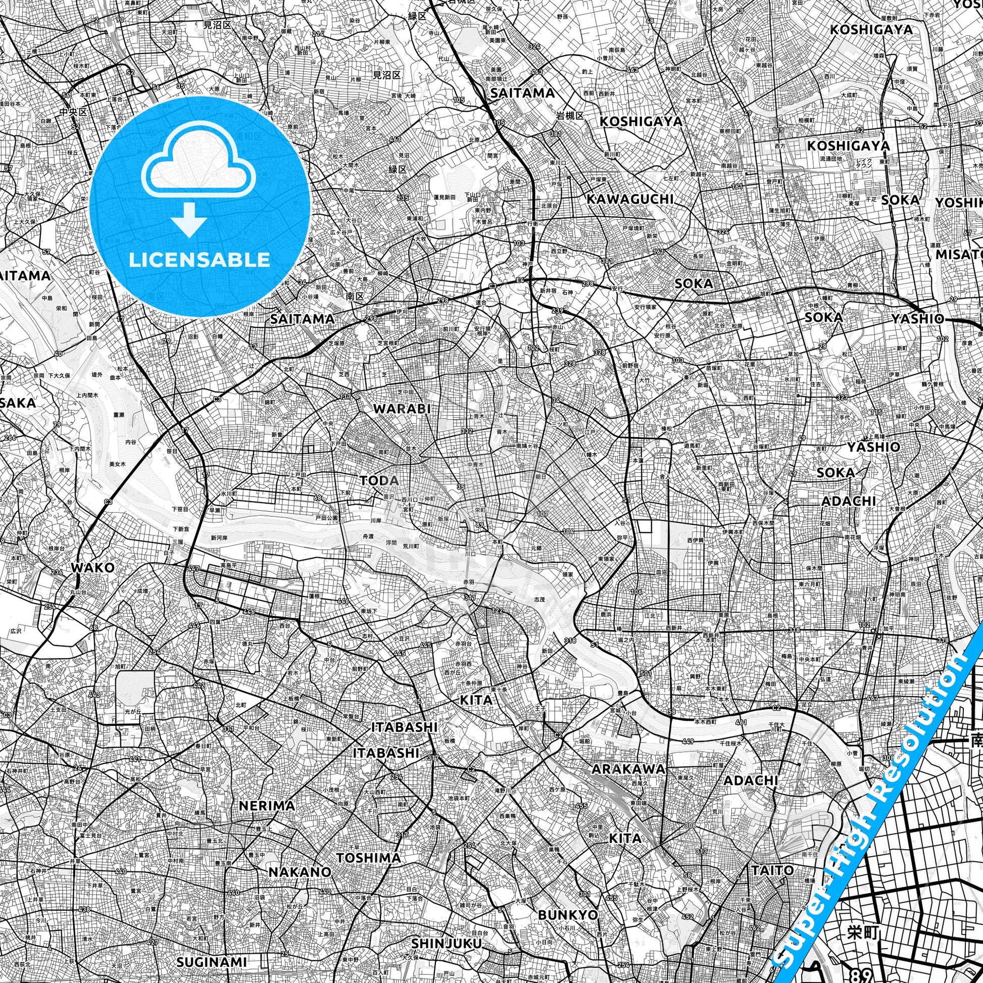 Kawaguchi, Japan light map with streetnames, citynames and districts