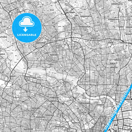 Kawaguchi, Japan light map with streetnames, citynames and districts