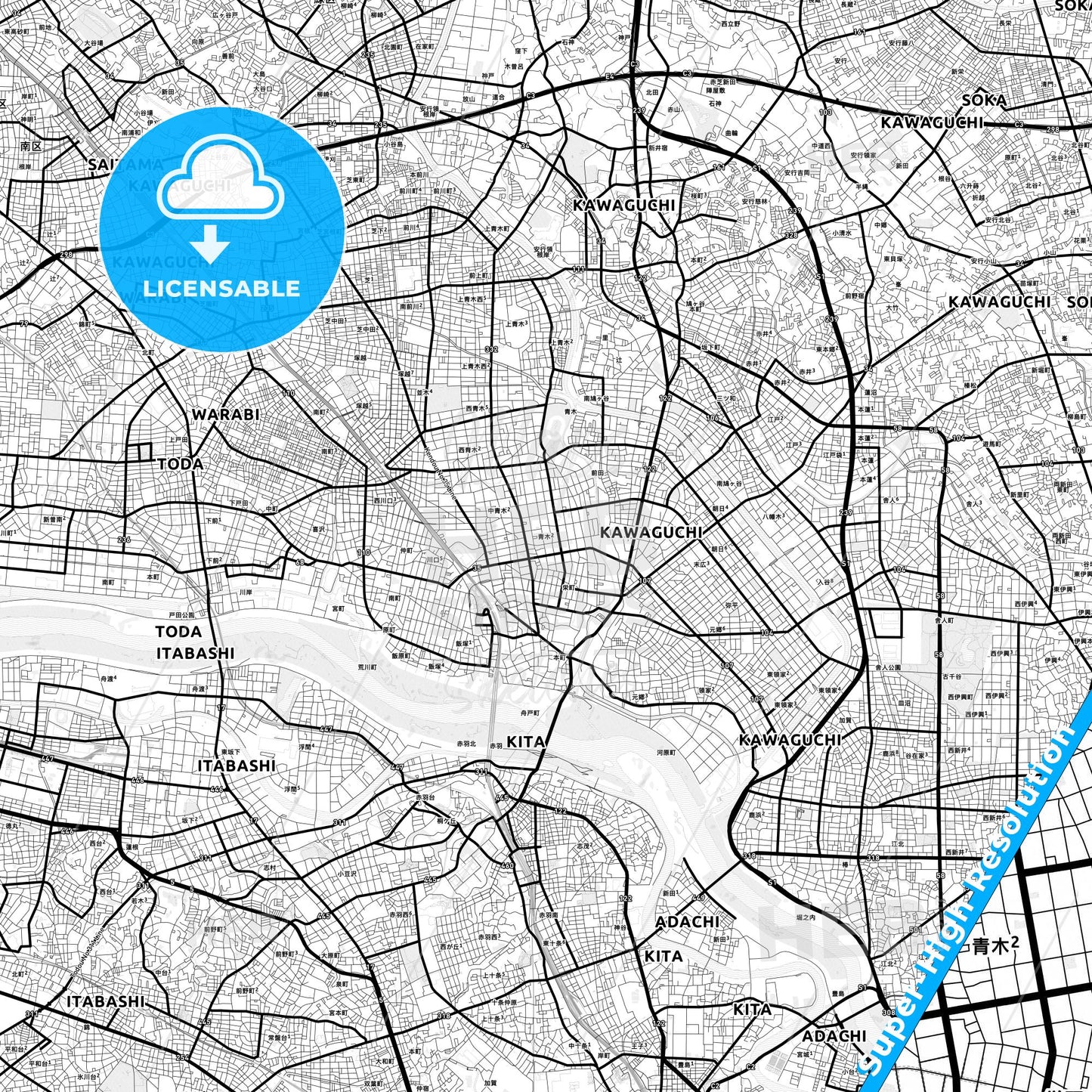 Kawaguchi, Japan Light Map with Street Names, City Names, and Districts