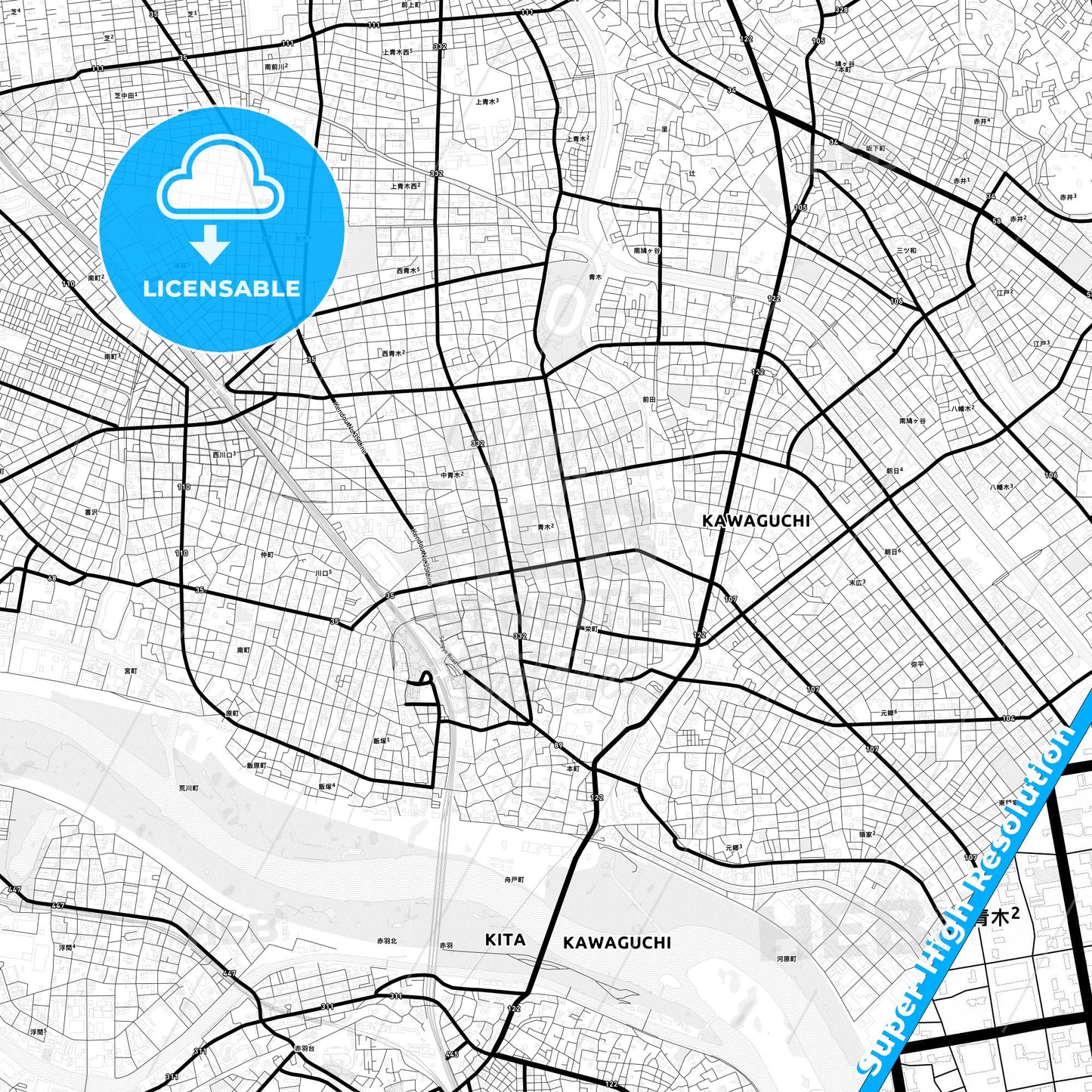 Kawaguchi, Japan Light Map with Street Names, City Names, and Districts