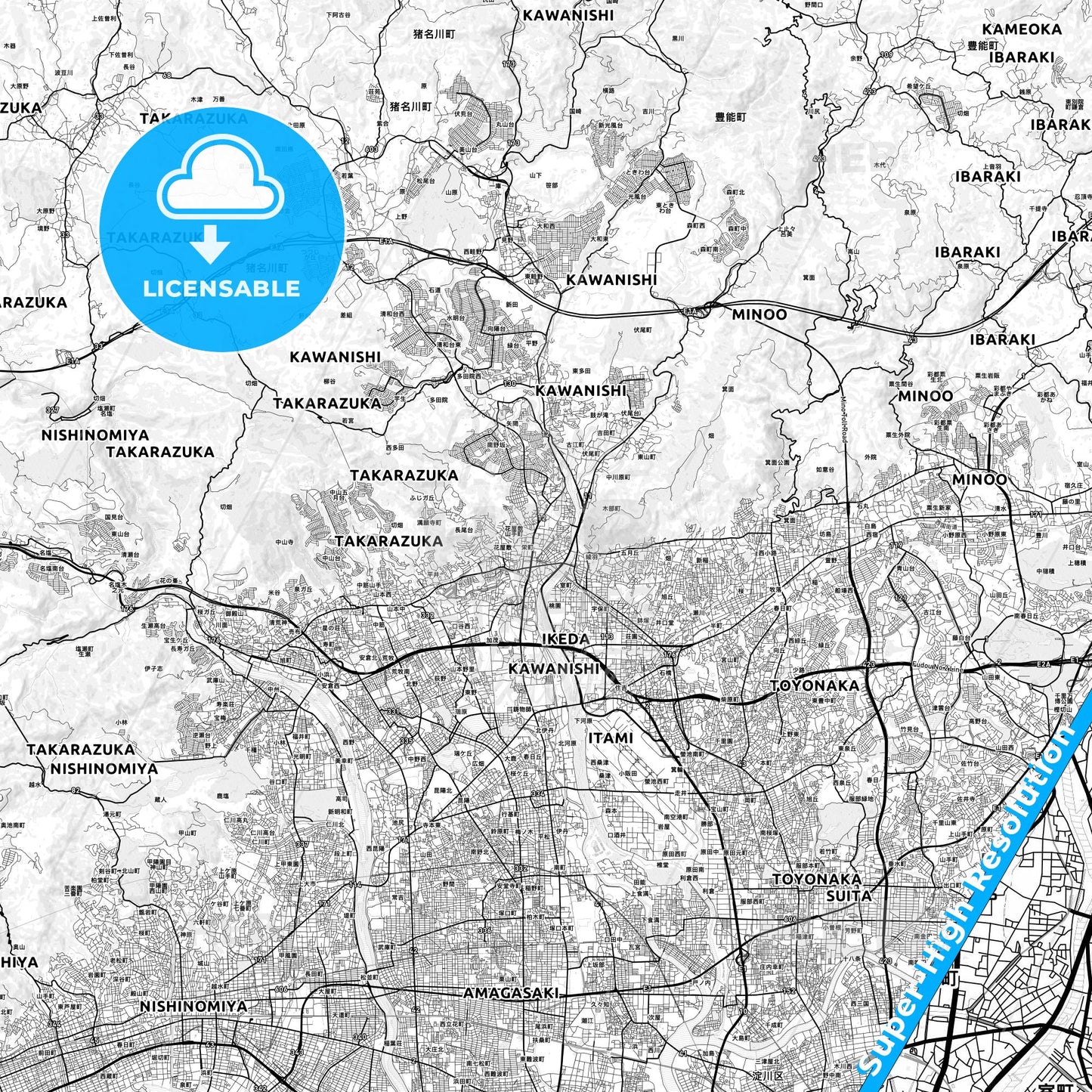 Kawanishi, Japan light map with streetnames, citynames and districts