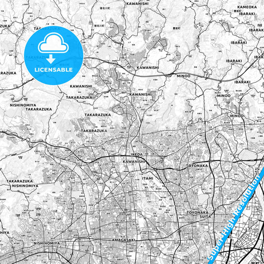 Kawanishi, Japan light map with streetnames, citynames and districts