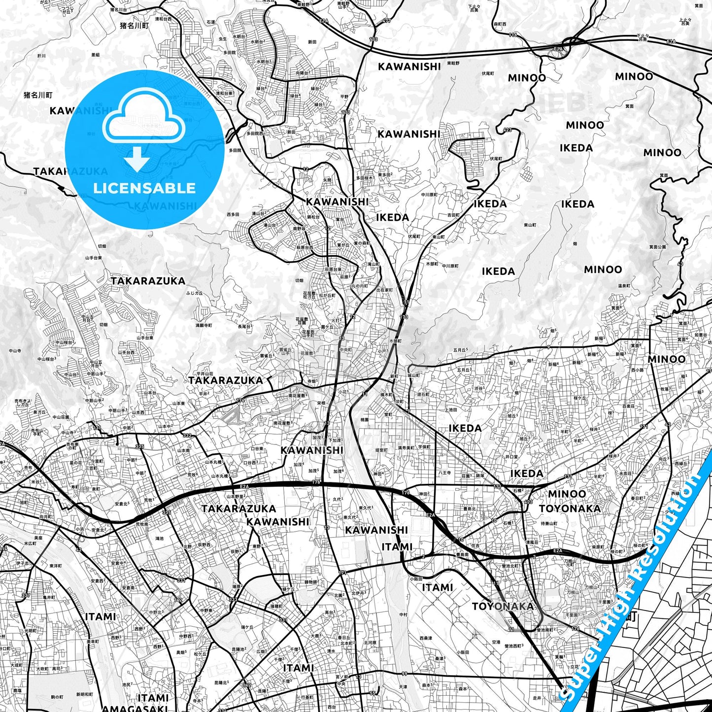 Kawanishi, Japan Light Map with Street Names, City Names, and Districts