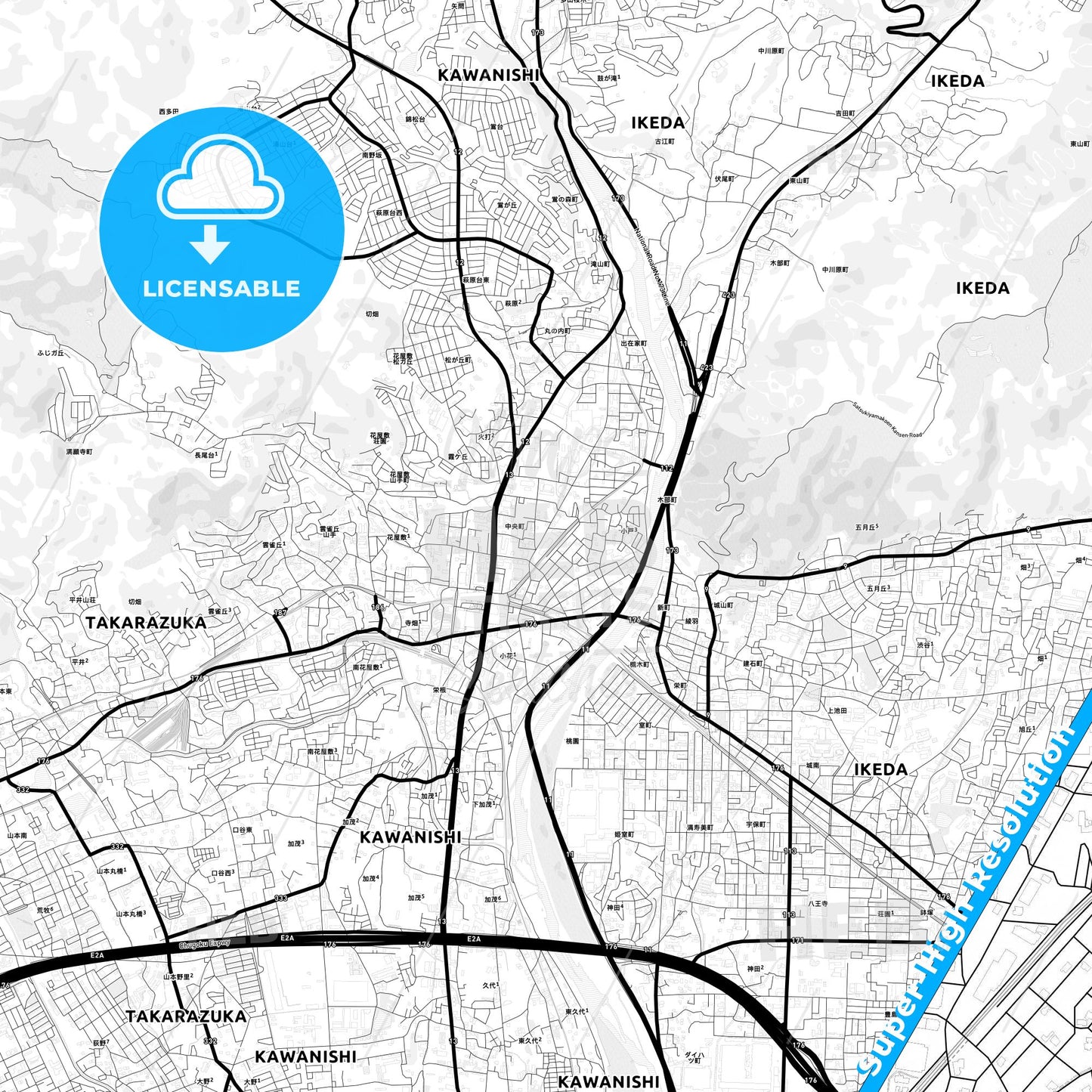 Kawanishi, Japan Light Map with Street Names, City Names, and Districts