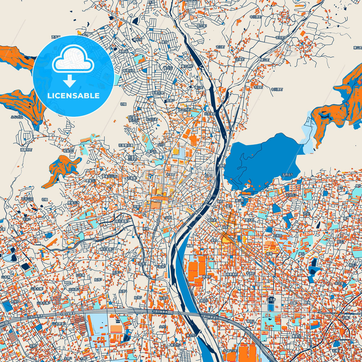 Colorful Kawanishi Street Map with Labels and Buildings