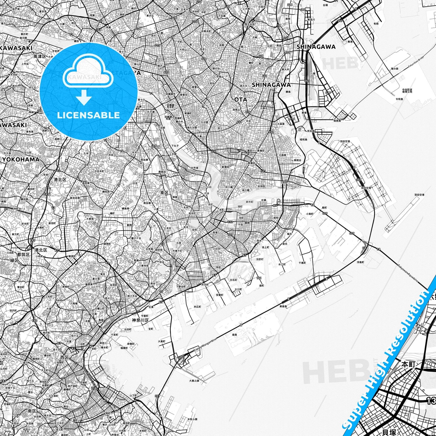 Kawasaki, Japan light map with streetnames, citynames and districts