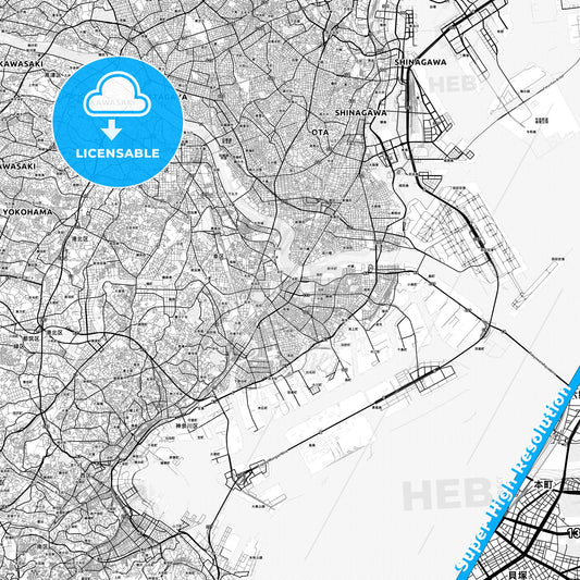 Kawasaki, Japan light map with streetnames, citynames and districts