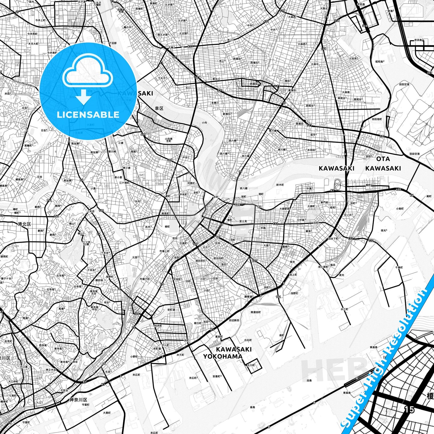 Kawasaki, Japan Light Map with Street Names, City Names, and Districts