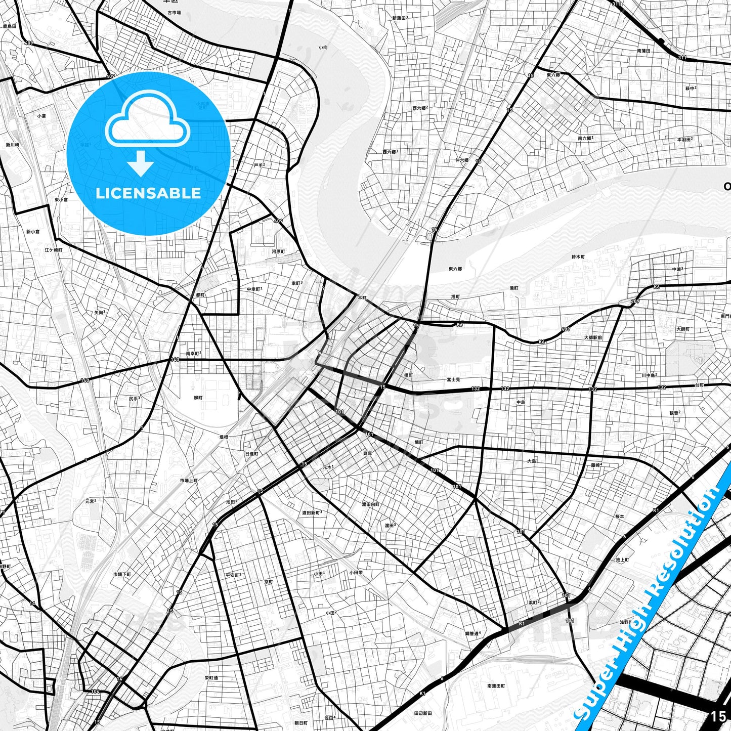 Kawasaki, Japan Light Map with Street Names, City Names, and Districts